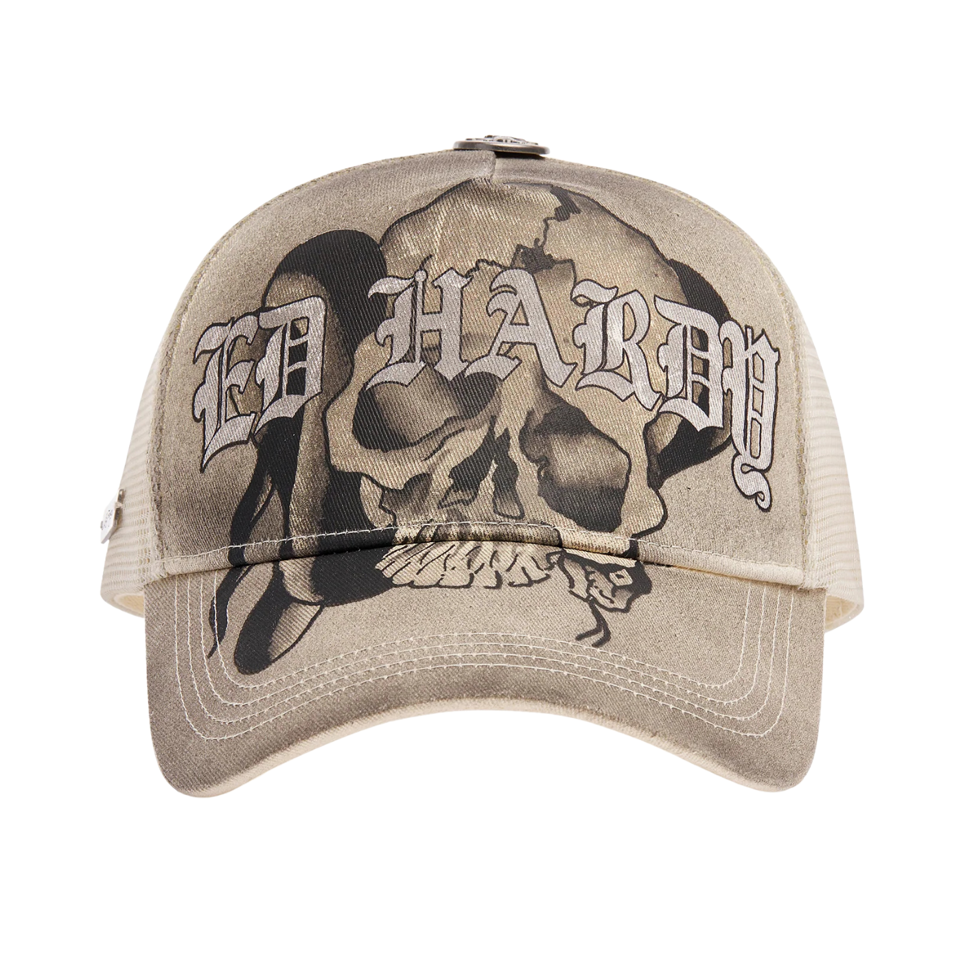 Boné Ed Hardy Gothic Skull Graphic 5 Panel Trucker Ecru